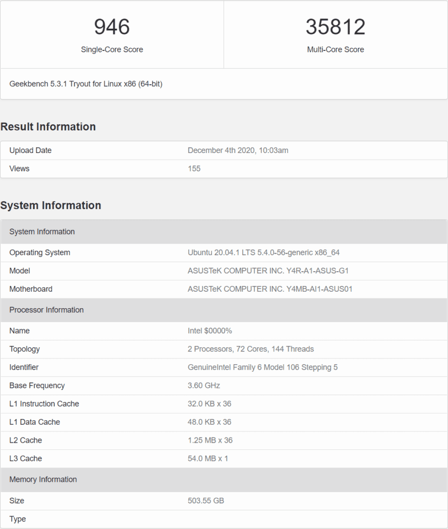 Intel Ice Lake-SP Xeon CPU With 36 cores and 72 threads leak out